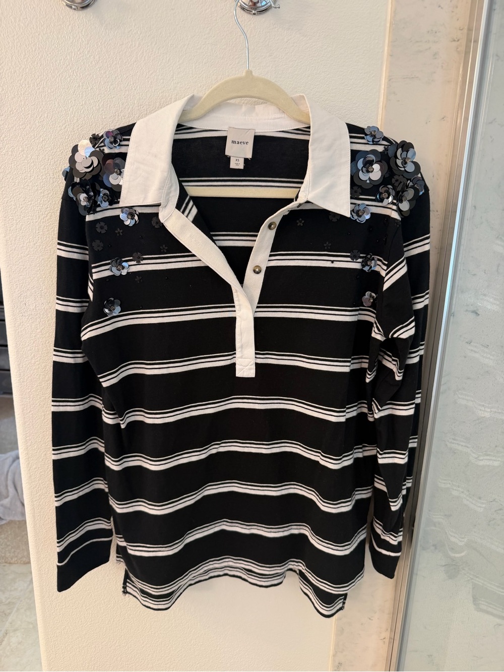 Maeve Black & White Striped Polo Sweater with Sequin Floral Shoulders